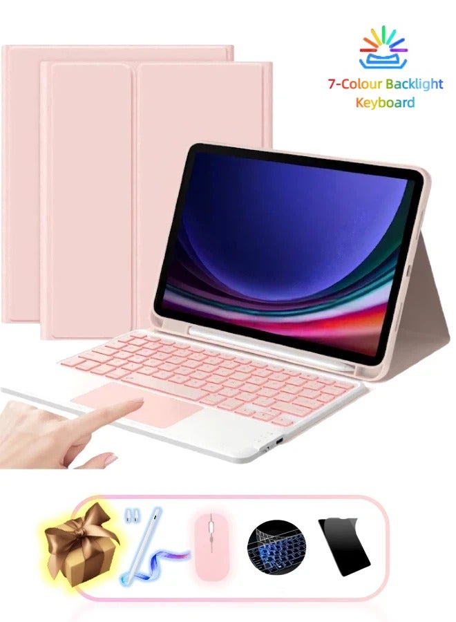 غلاف لوحة مفاتيح مخصص لجهاز سامسونج جالاكسي تاب إيه 9 بلس (موديل 2025)، مزود بلوحة مفاتيح قابلة للفصل مع إضاءة خلفية بسبعة ألوان، وغطاء خارجي مقاوم للبقع. التصميم خفيف الوزن وسهل الحمل، ويحتوي على حامل ثلاثي القوائم مدمج وحافظة مخصصة لقلم الكتابة. المجموعة الكاملة تشمل: فأرة لاسلكية (بلوتوث)، واقي شاشة، قلم رقمي، وغطاء إضافي للوحة المفاتيح. متوفر باللون الوردي - Image 1